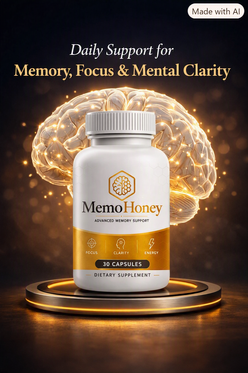Diagram-style illustration showing MemoHoney capsules alongside a representation of blood flow to the brain