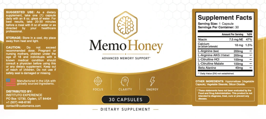 MemoHoney supplement facts panel listing all seven ingredients and their doses